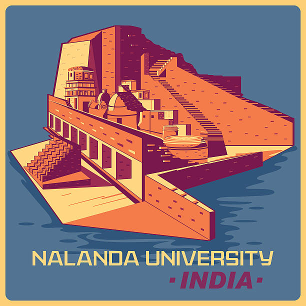 The ancient ruins of Nalanda with modern university buildings in the background, symbolizing the blend of history and contemporary education.
